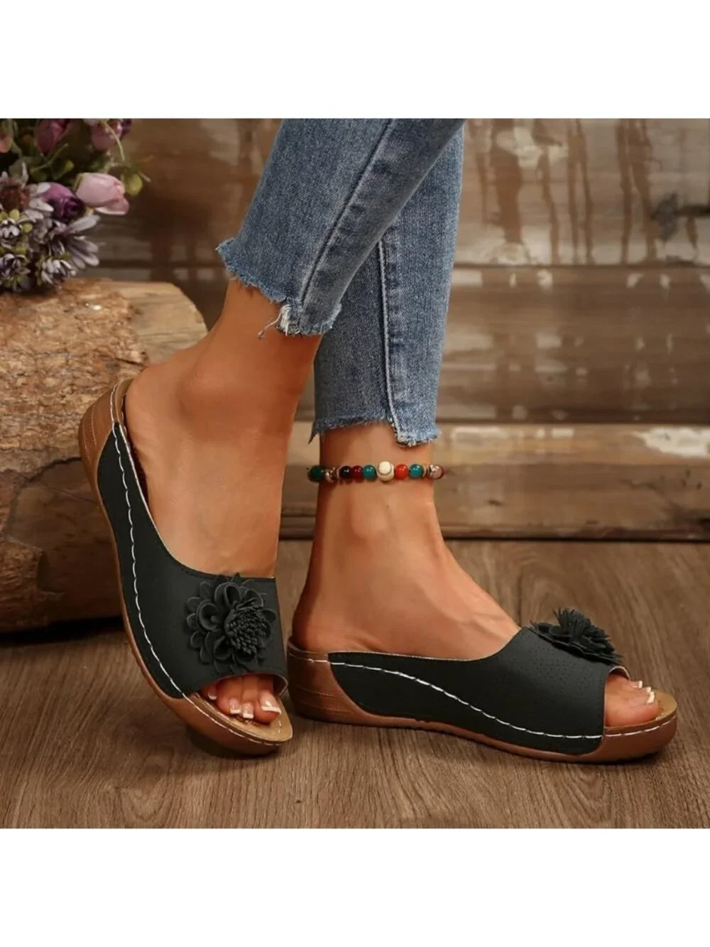 Women's Black Faux Leather Summer Wedge Low Open Toe Slides Dressy Flower Sandal